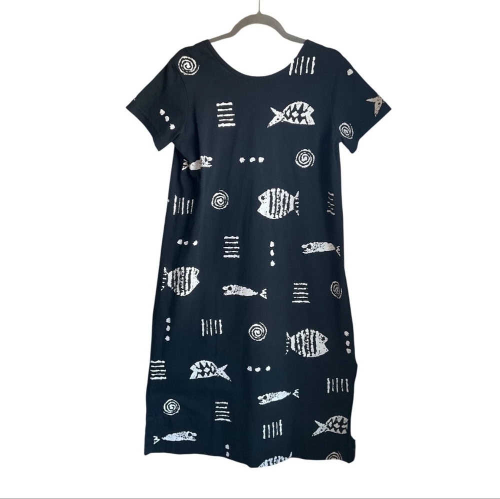 VTG M.Mac 90's Small P Black White Fish all Over Print Cotton Maxi Dress T-Shirt - Picture 3 of 14